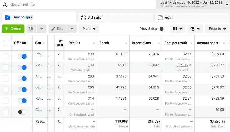 Facebook and Instagram lead generation advertising results