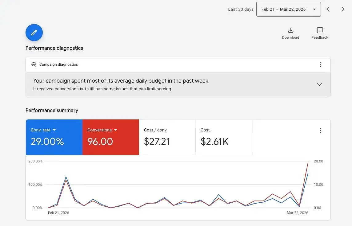 Google Ads pet shop campaign showing 29 percent conversion rate and 96 conversions