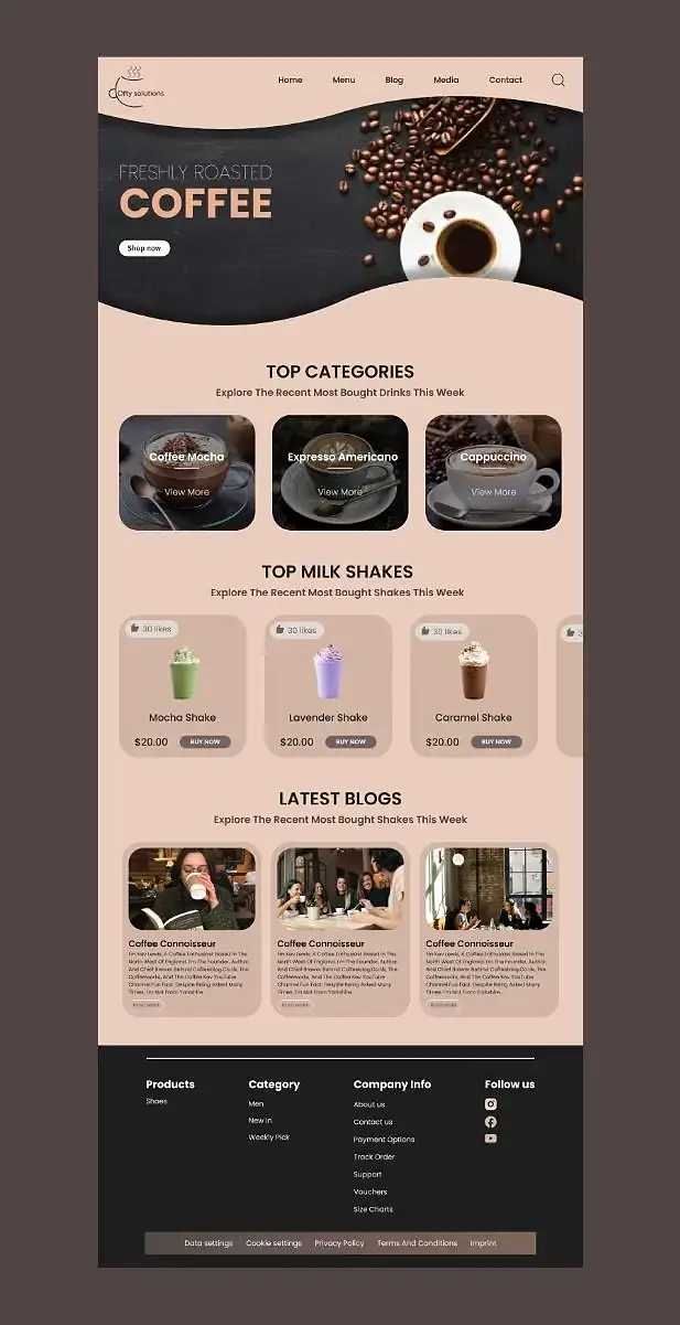 Coffee shop ecommerce landing page with menu products and brand storytelling