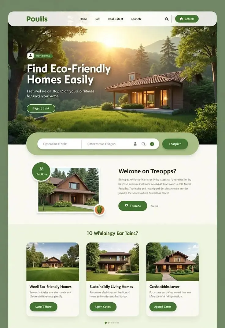 Eco-friendly real estate website with nature-inspired design and property content