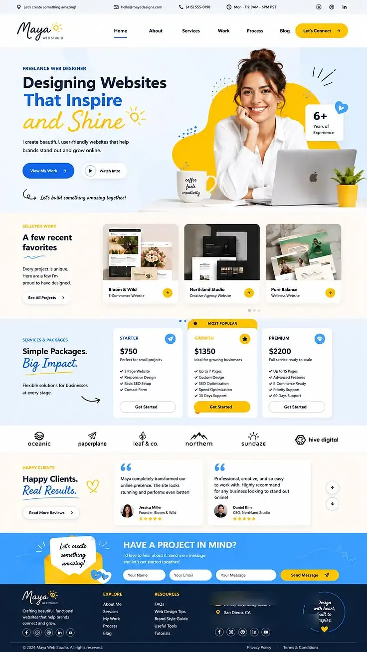 Modern web designer portfolio website with personal contact details privacy blurred