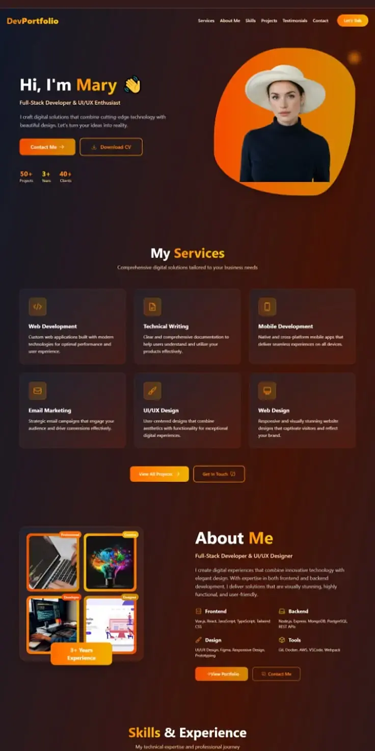 Responsive developer portfolio website built with Vue and Tailwind CSS