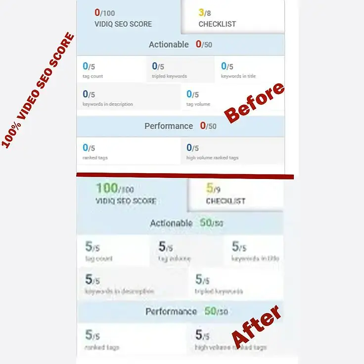 YouTube video SEO score improved from zero to 100 after optimization